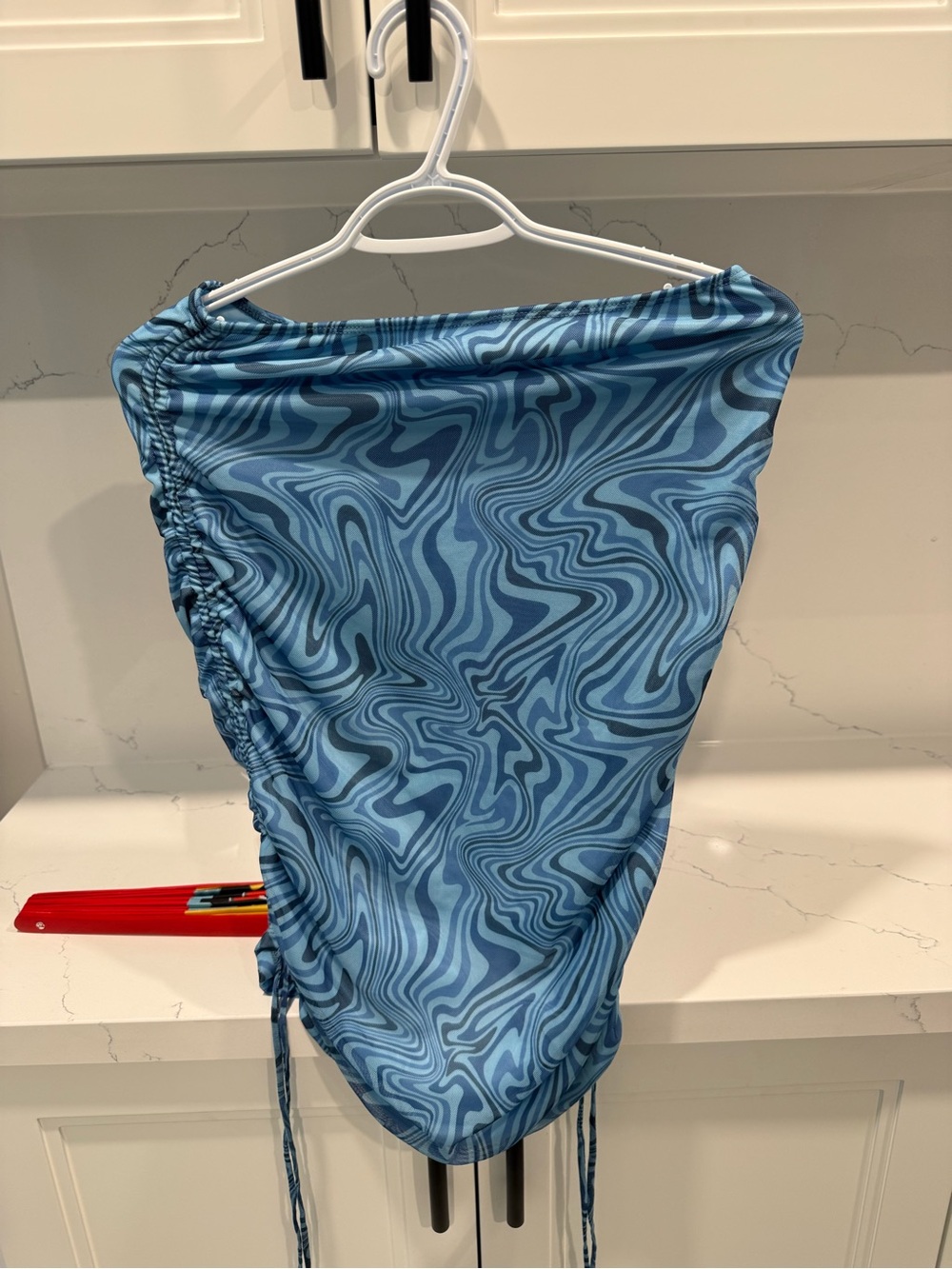 Blue Marble Ruched Drawstring Mini Skirt - Picture 3 of 4